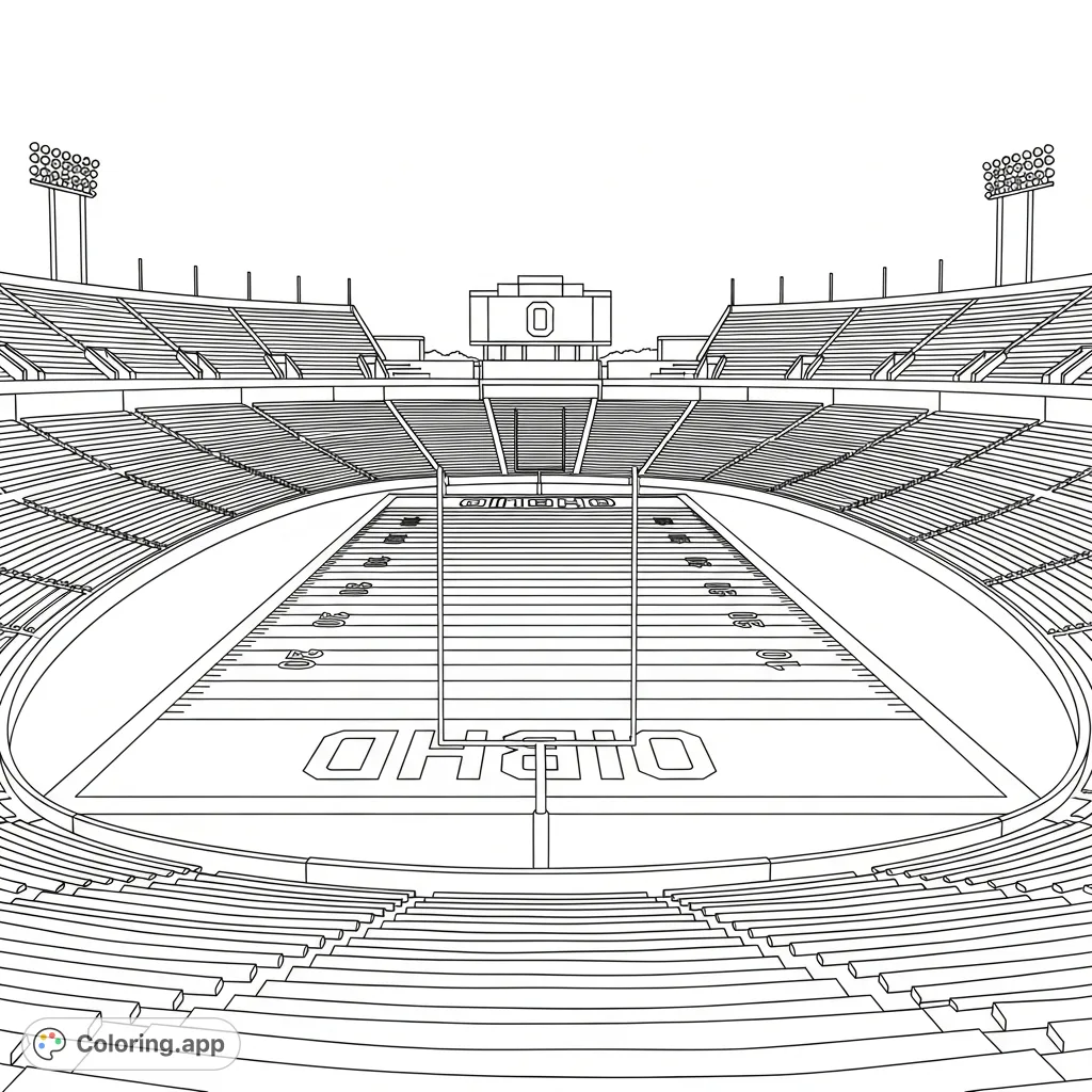 Experience the grandeur of Ohio Stadium, "The Horseshoe," from an elevated perspective. A detailed view of the iconic football field, stands, and scoreboard awaits your creative touch.