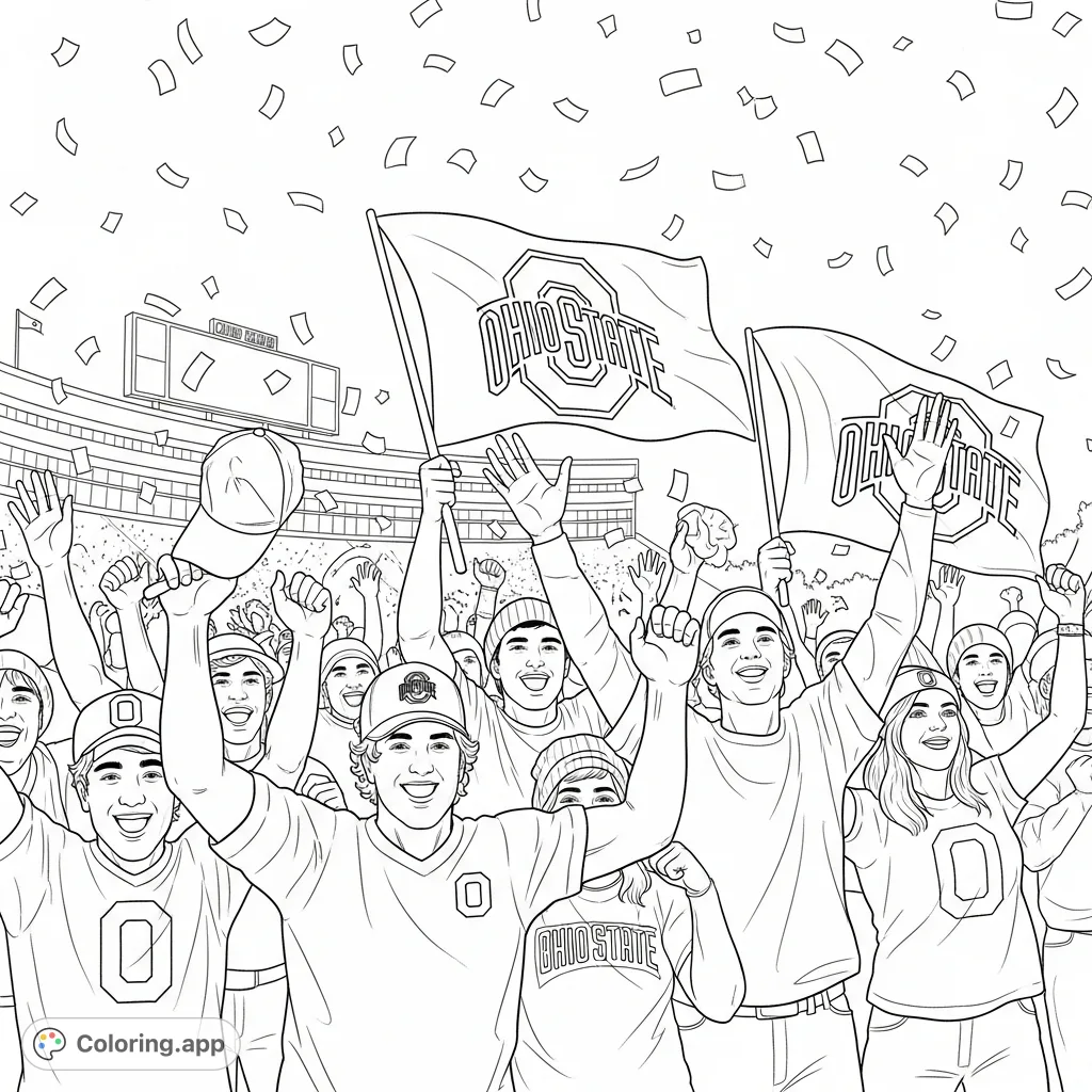 Celebrate victory with dynamic Ohio State fans cheering, Block O flags waving, and confetti raining down in a stadium scene. A fun, free printable coloring page.