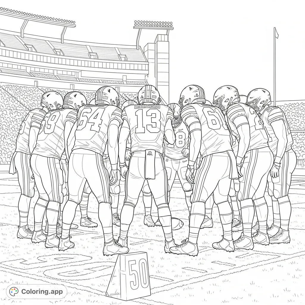 Experience the intense focus of an Ohio State football huddle on the fifty-yard line. This detailed coloring page captures game day strategy and team spirit.