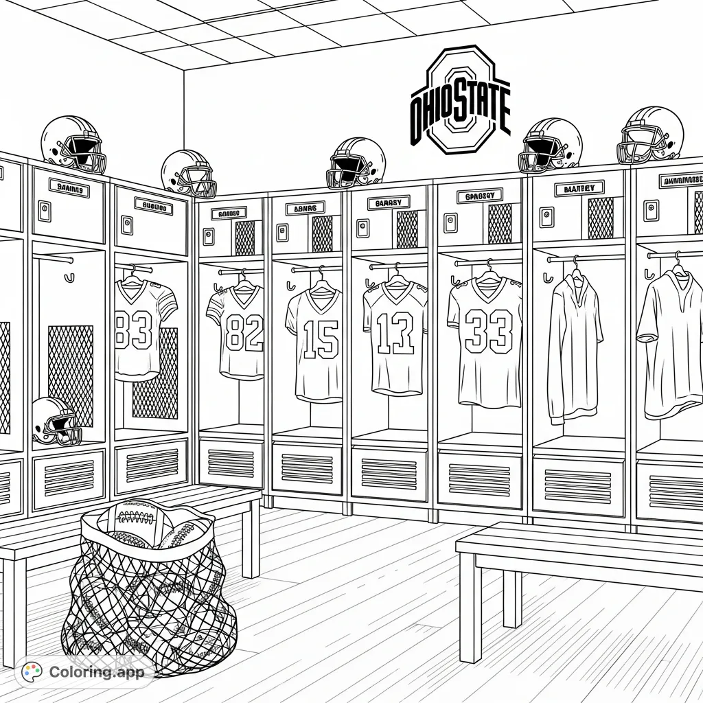 Step into the Ohio State football locker room, perfectly arranged with helmets, jerseys, and footballs ready for action. Celebrate team spirit!