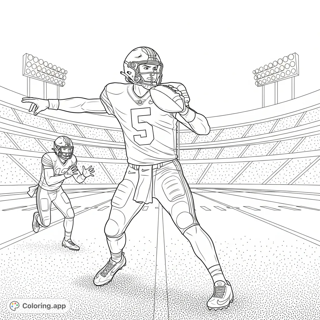 Capture the dynamic energy of an Ohio State quarterback's powerful throw, with a receiver poised downfield and stadium lights overhead, in this exciting football scene.