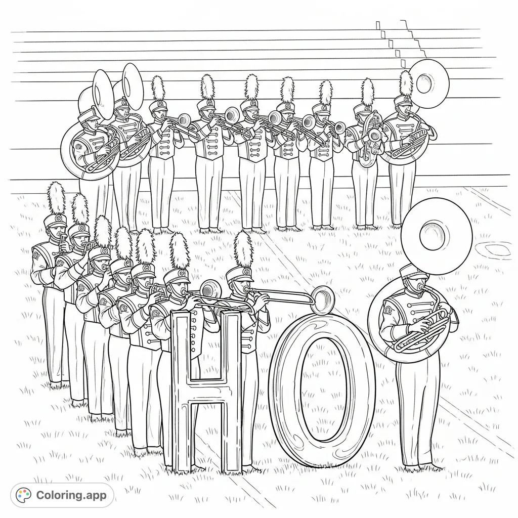 Experience The Ohio State University Marching Band in their iconic 'Script Ohio' formation. A detailed coloring page capturing precision and spirit for fans.