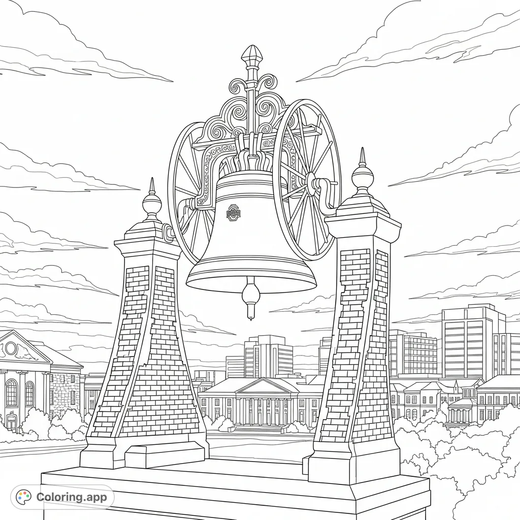 Experience the grandeur of the Ohio State Victory Bell suspended in its detailed tower, set against a panoramic campus view featuring historic and modern architecture.