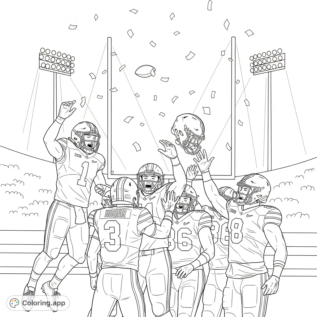 Capture the thrill of victory with Ohio State football players in a celebratory huddle, confetti falling, and towering goalposts in the background. Go Buckeyes!