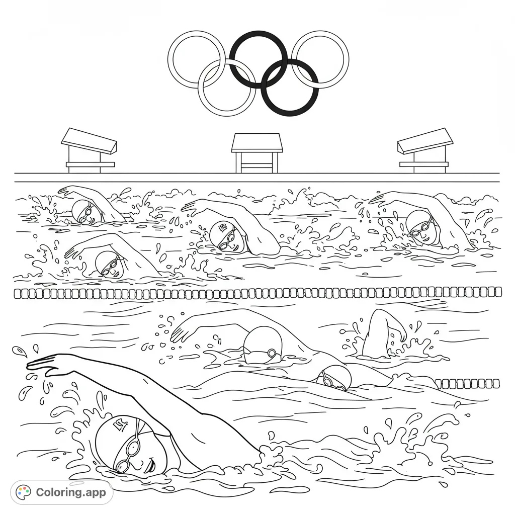 Dive into the excitement of an Olympic swimming race! This dynamic coloring page features six swimmers, splashing water, and the iconic Olympic rings.