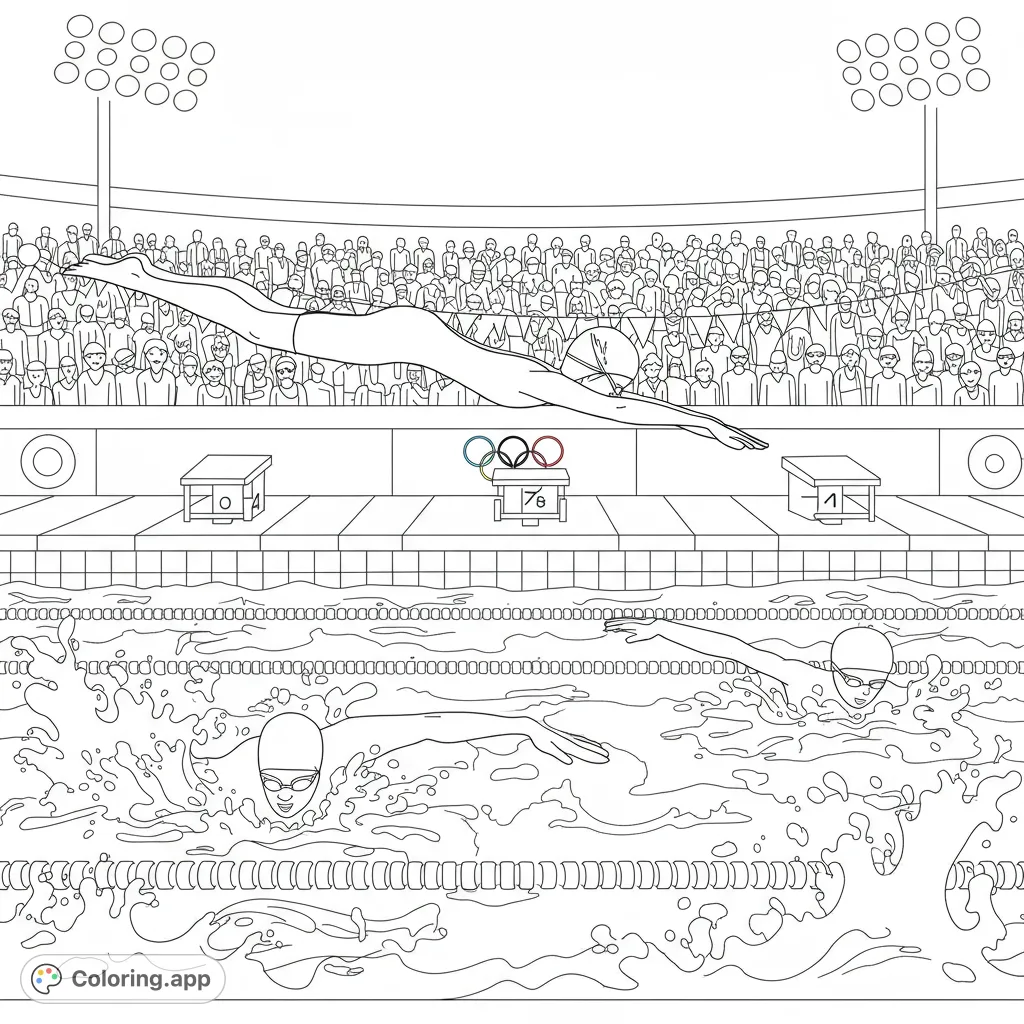 Dive into action with this Olympic swimming race coloring page! Features a diver, swimmers, and a cheering crowd in a dynamic stadium scene. Free printable fun!