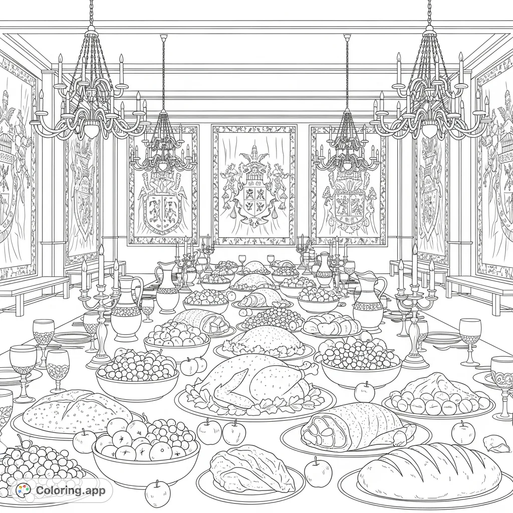 Immerse yourself in a lavish old-world banquet scene, featuring a grand table laden with roasted meats, fruits, and ornate goblets under chandelier light.