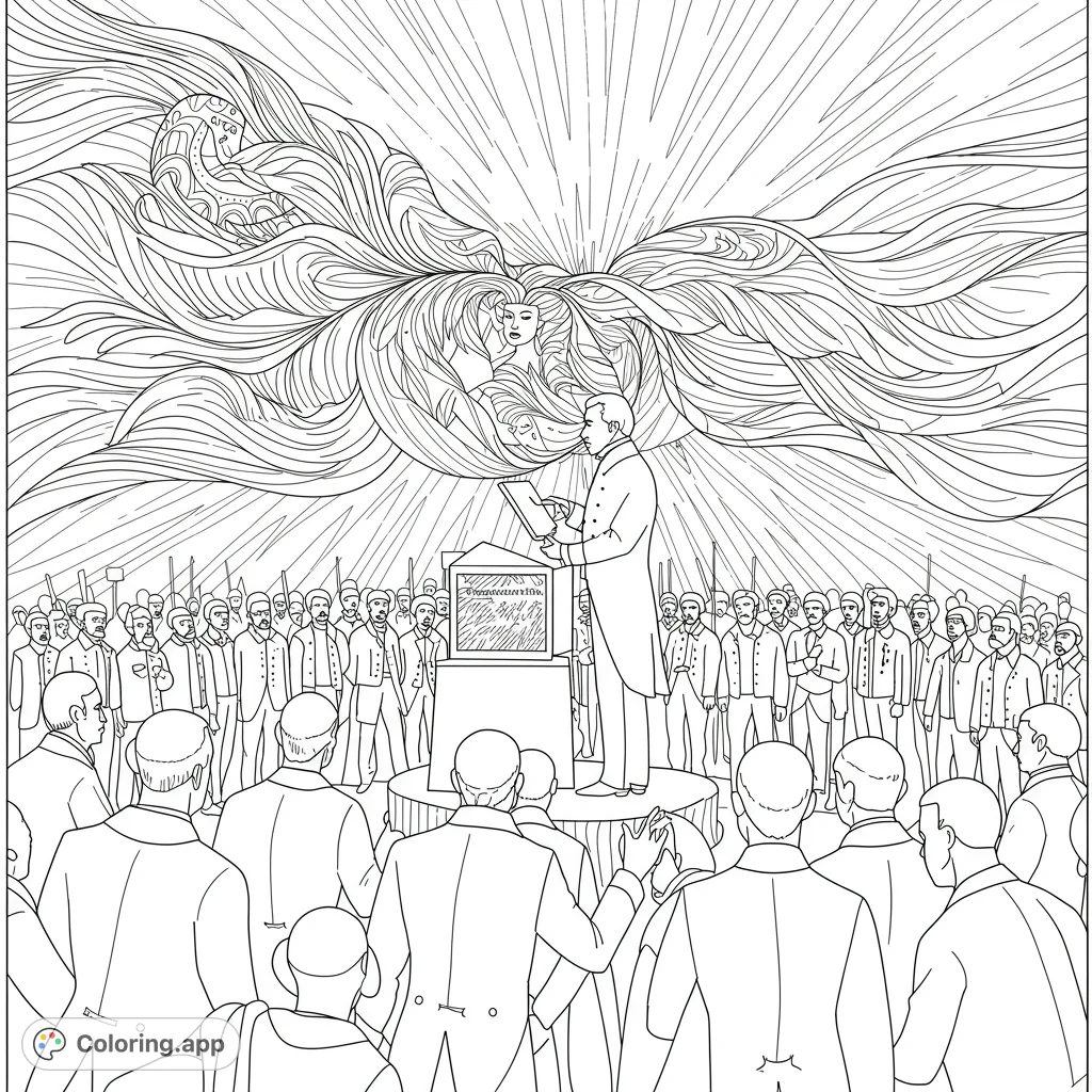 A powerful orator addresses a crowd, with ethereal figures and radiating lines symbolizing inspiration. A detailed, free printable historical event coloring page.