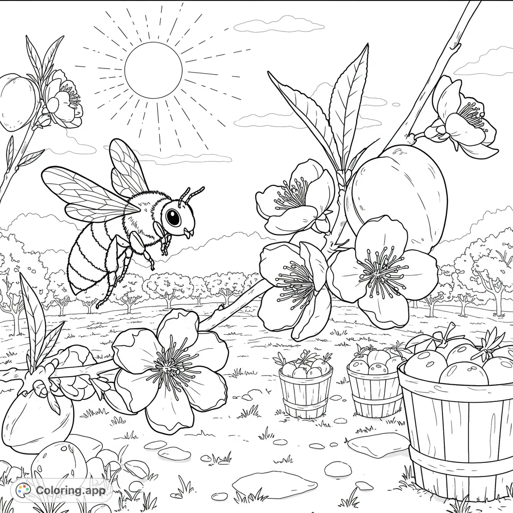 A charming orchard scene with a busy bee, delicate peach blossoms, and ripe peaches. A delightful free printable coloring page for all ages.