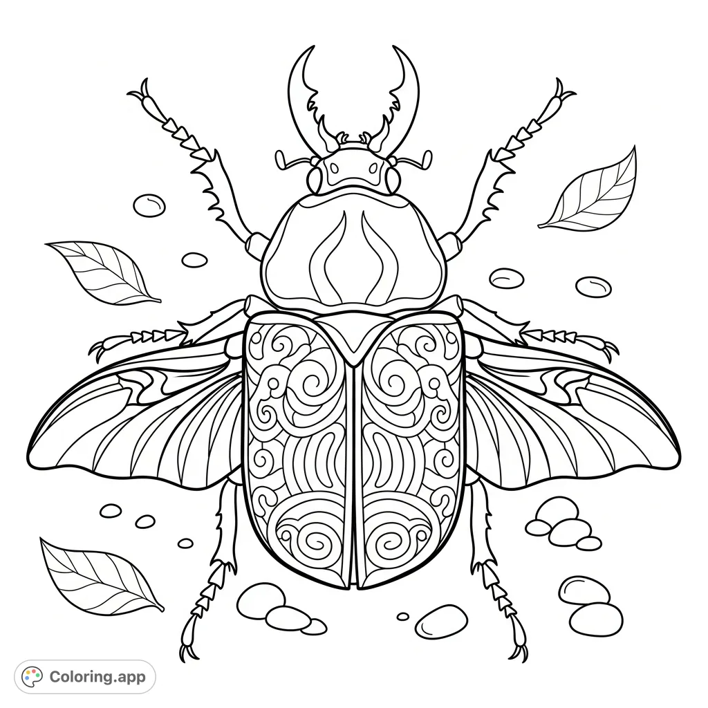 Dive into the world of insects with this intricate beetle featuring beautifully ornate wing patterns. A detailed and engaging coloring challenge awaits!