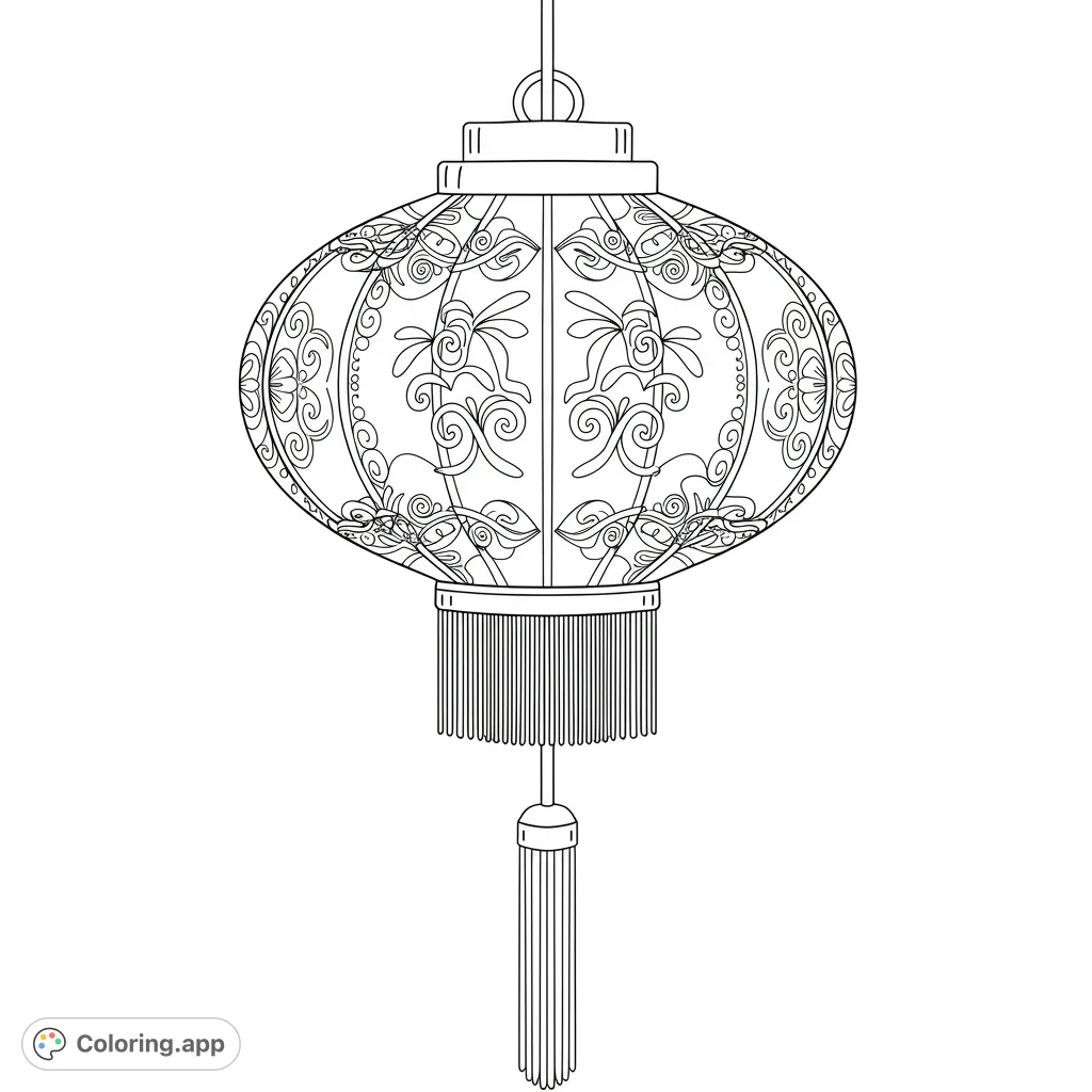 An exquisite Chinese lantern coloring page featuring intricate scrollwork, floral patterns, and a decorative tassel, perfect for cultural art enthusiasts.