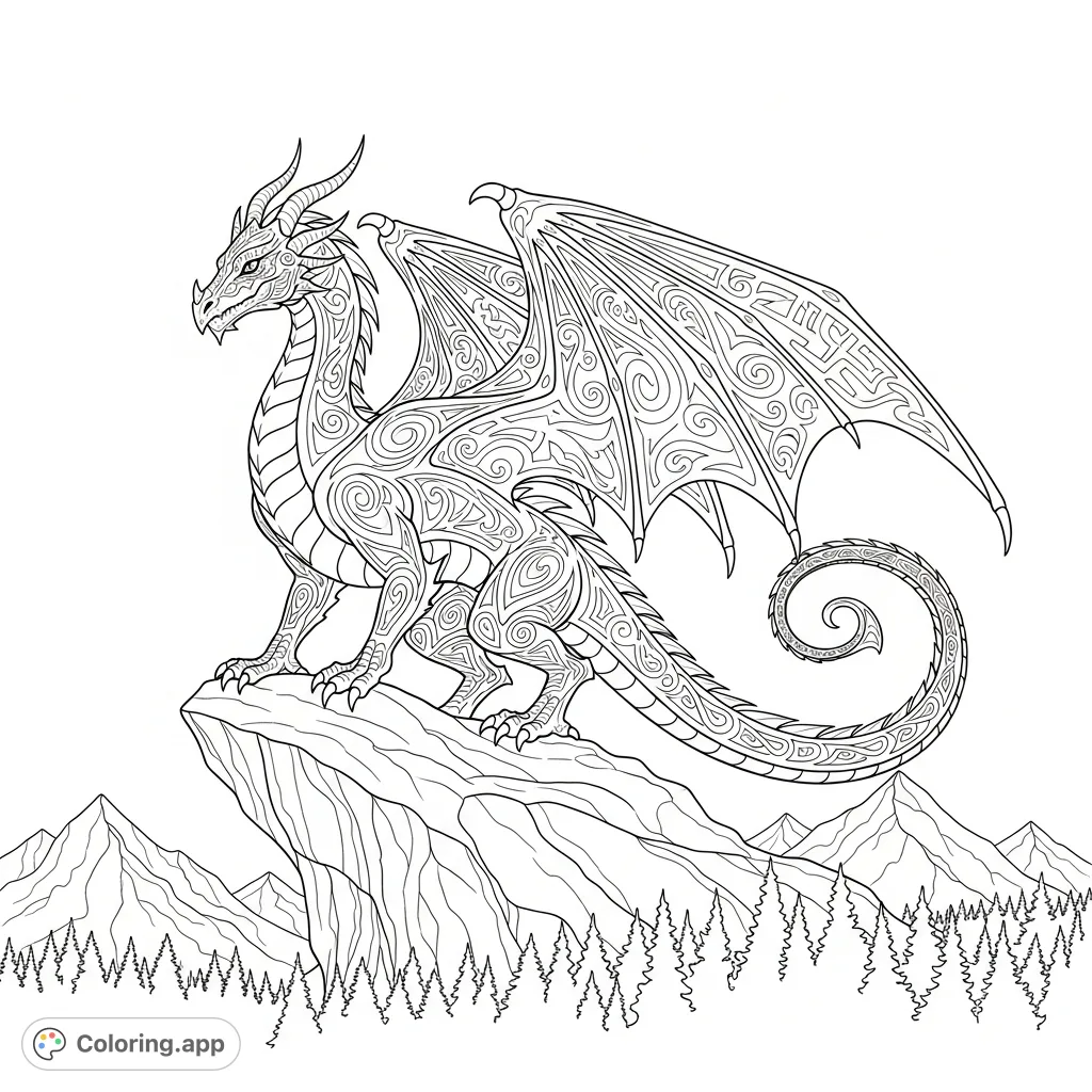 Unleash your creativity with this majestic dragon, adorned with intricate, swirling patterns, standing proudly on a rocky peak overlooking a fantastical landscape.