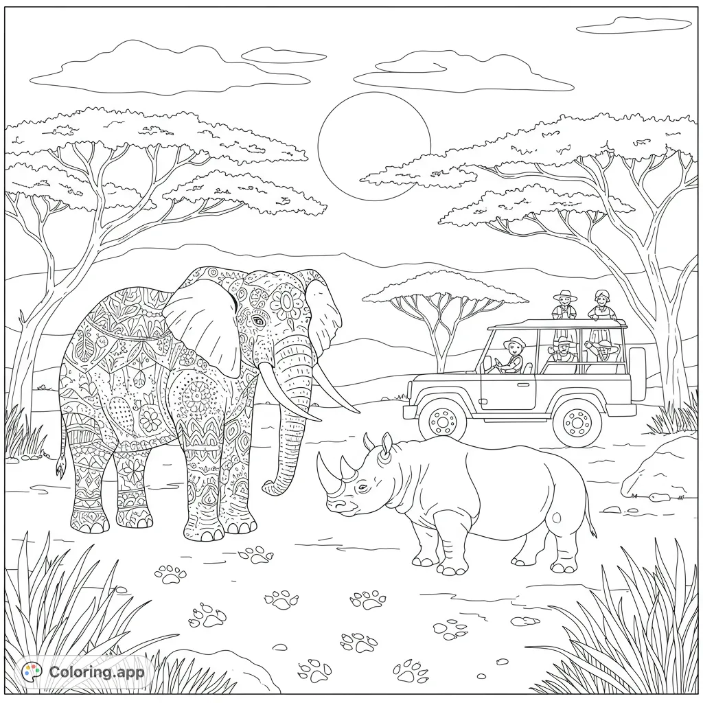 An intricate safari scene featuring a majestic patterned elephant, a rhino, and a jeep with explorers under a savanna sky. Perfect for detailed coloring.