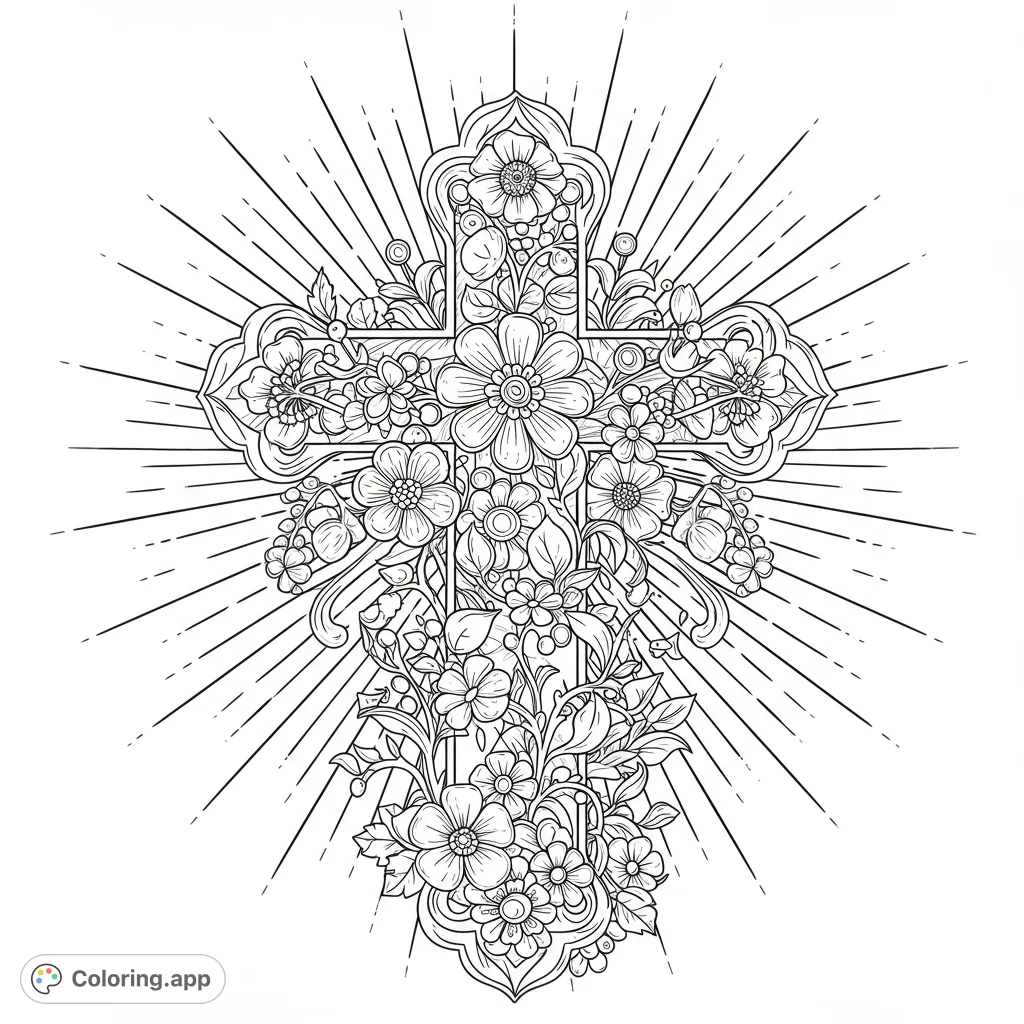An intricate floral cross coloring page, adorned with blossoms and leaves, radiating light. Perfect for spiritual reflection and detailed coloring.
