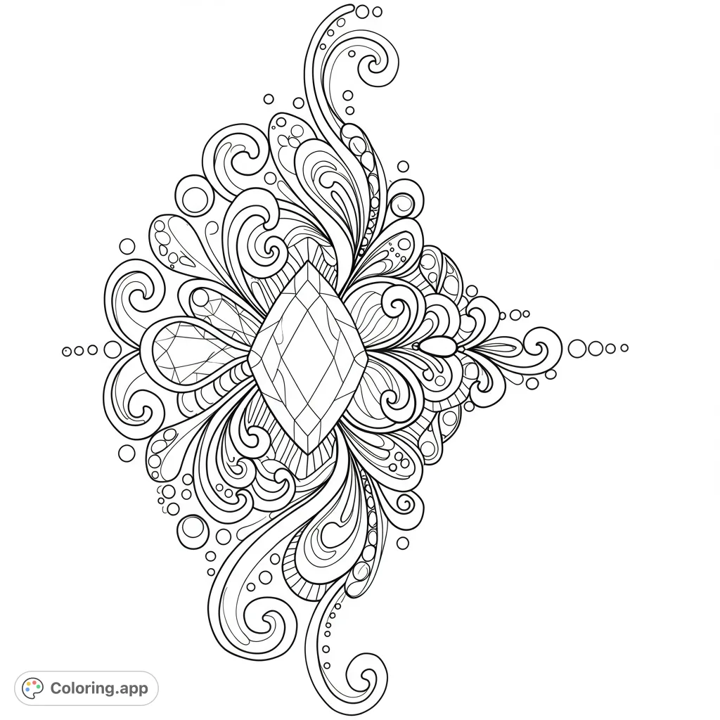 An exquisite gemstone coloring page featuring a central diamond surrounded by intricate, swirling patterns and delicate dots. A beautiful, free printable design for all ages.