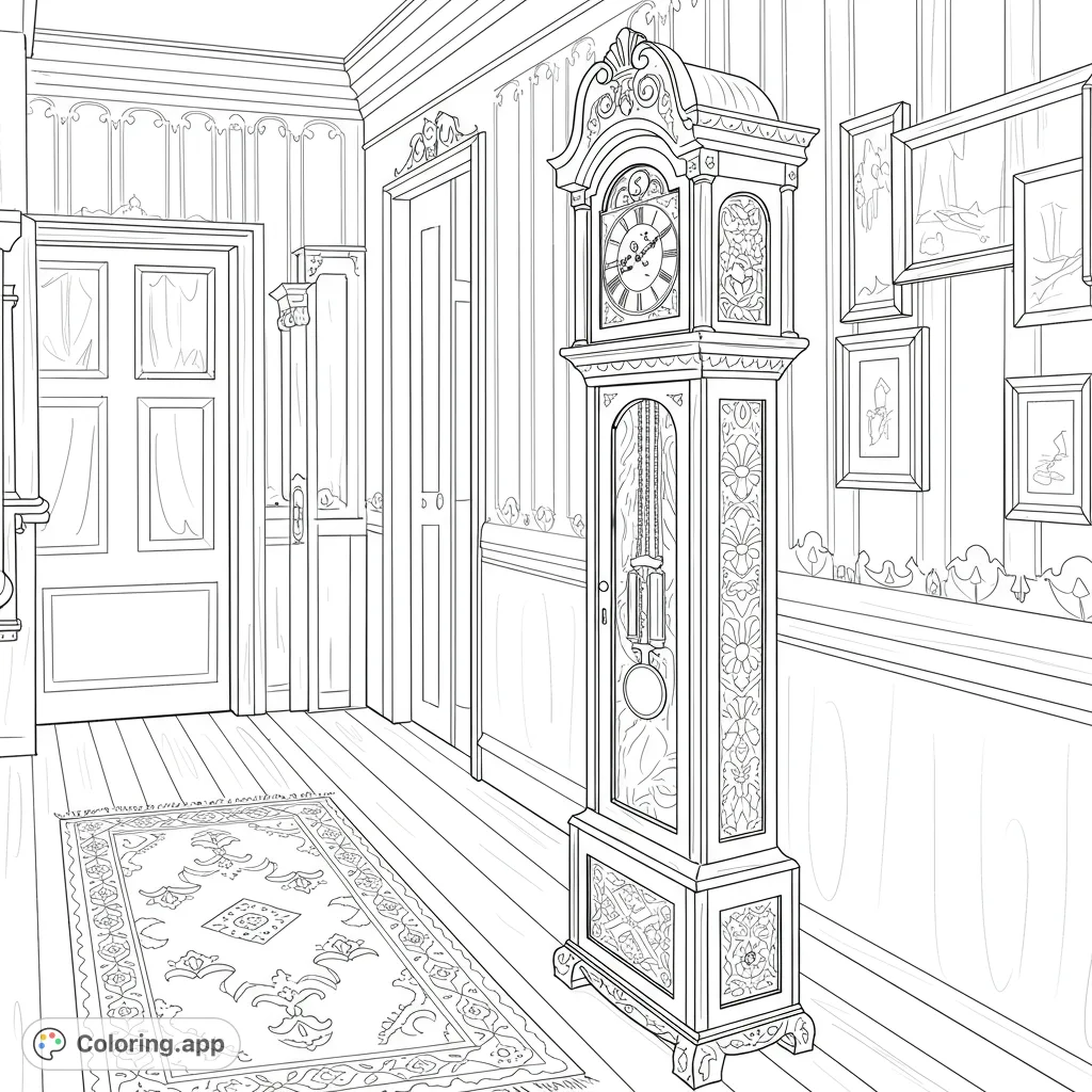 An intricate black and white line drawing of an ornate grandfather clock in a classic hallway, featuring detailed patterns on the clock, a patterned rug, and framed art.