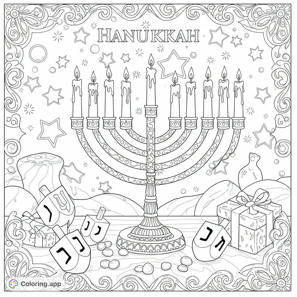 Celebrate Hanukkah with this free printable Hanukkah coloring page featuring a grand menorah, dreidels, and gifts. Perfect for kids and adults.