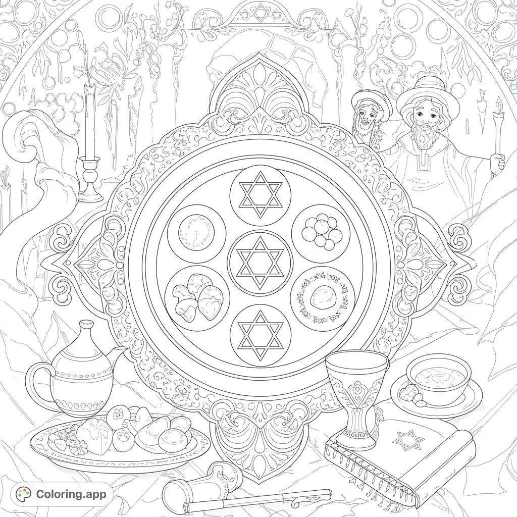 An intricate Passover Seder plate with symbolic foods, traditional items, and figures. A detailed Jewish holiday coloring page for all ages.