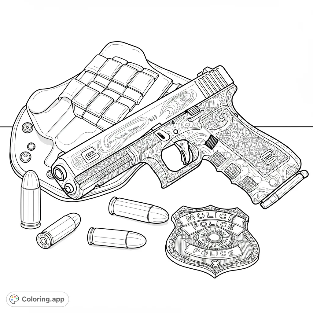 An intricate law enforcement coloring page featuring a highly detailed, ornate pistol, tactical holster, bullets, and a decorative police badge. Free printable coloring page for adults.
