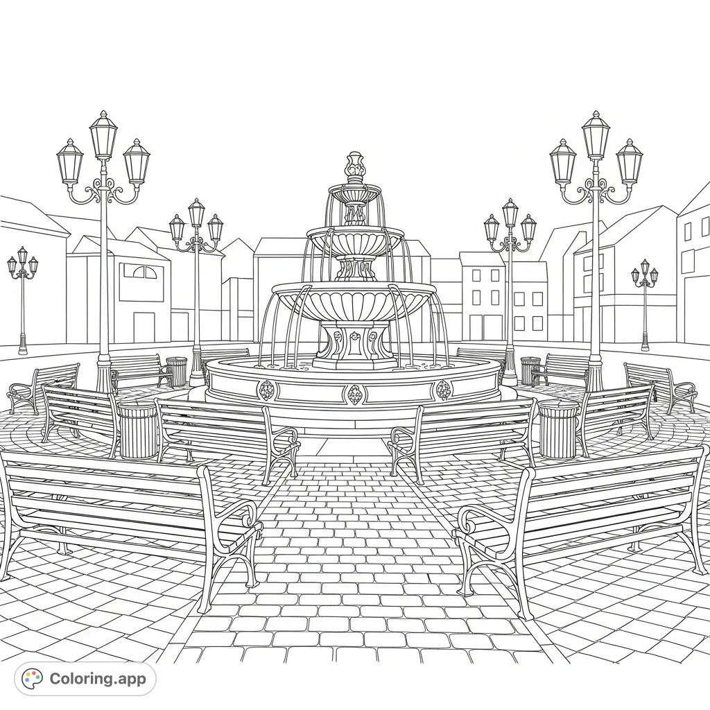A charming coloring page depicting a scenic town plaza featuring an ornate, multi-tiered fountain, classic street lamps, and inviting benches.