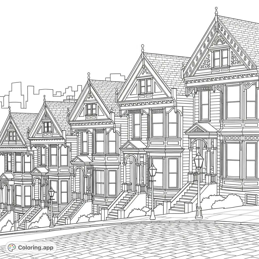 A charming street of Victorian 'Painted Ladies' houses with intricate architectural details, bay windows, decorative trim, and a steep street foreground.
