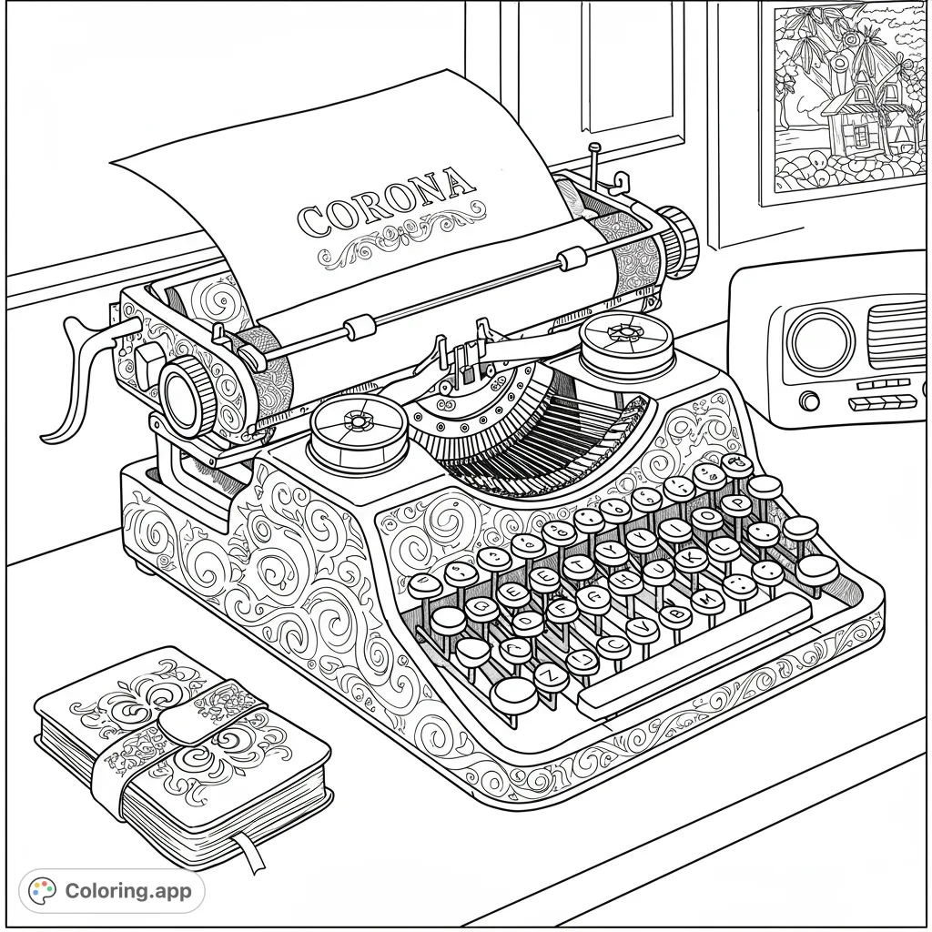 Intricate vintage typewriter with ornate scrollwork, a stack of patterned journals, and a classic radio on a desk. Perfect for detailed coloring.