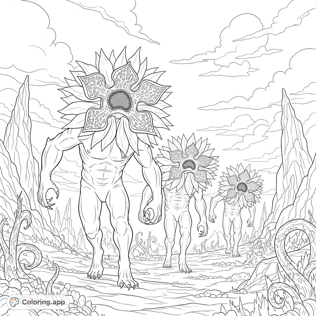 Three Demogorgons stalk through an eerie, desolate landscape with twisted flora and gnarled rocks, under a perpetually clouded sky. An unsettling hunt unfolds.