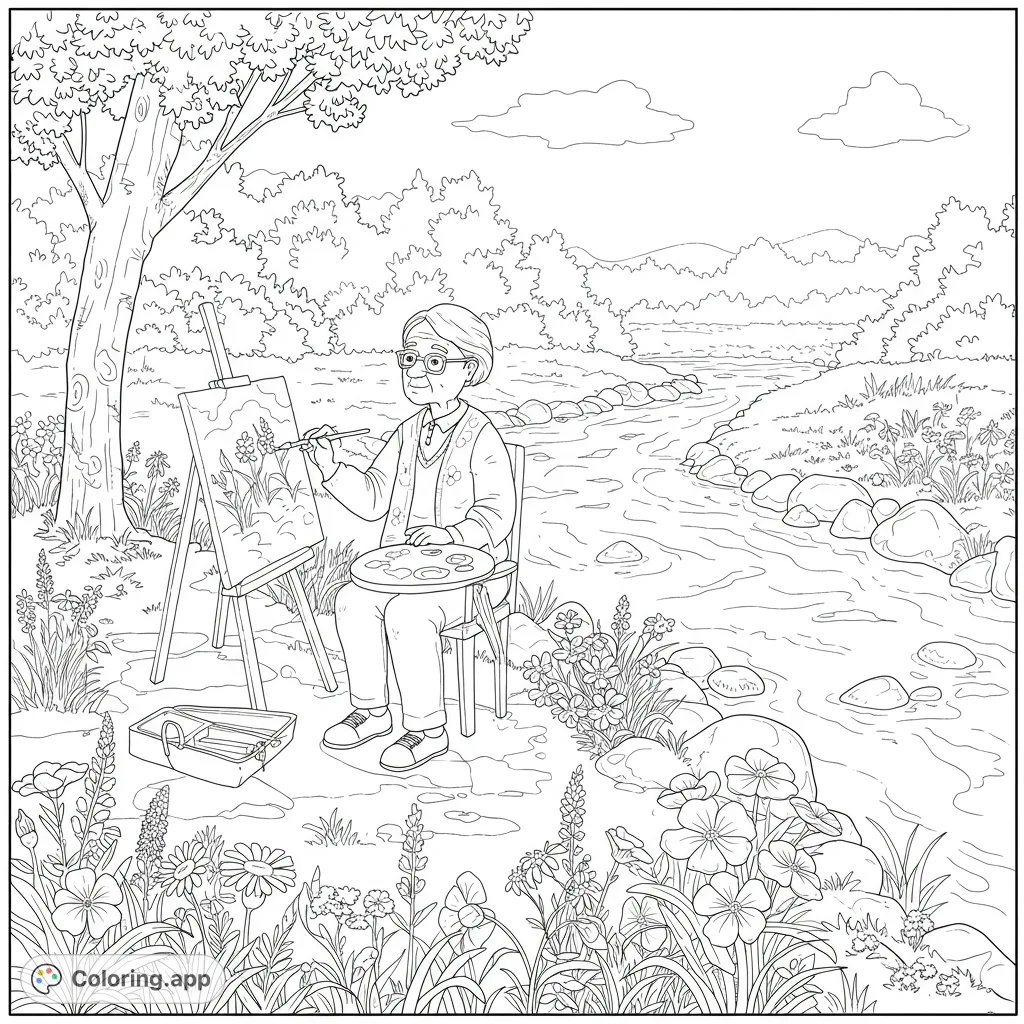 An elderly artist paints by a serene river, surrounded by lush nature. A peaceful outdoor art scene perfect for a free printable coloring page.