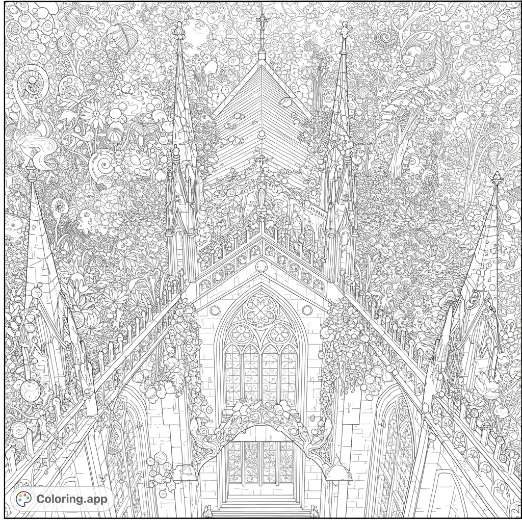 Explore an intricate gothic cathedral consumed by fantastical, detailed foliage. A challenging and rewarding fantasy architecture coloring page.
