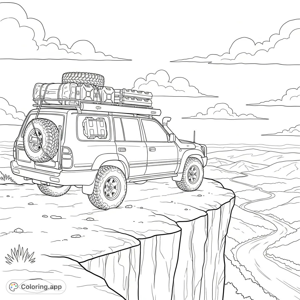 Explore the wild with this overlanding SUV coloring page. A rugged vehicle packed with camping gear rests on a dramatic cliff overlooking a vast landscape.