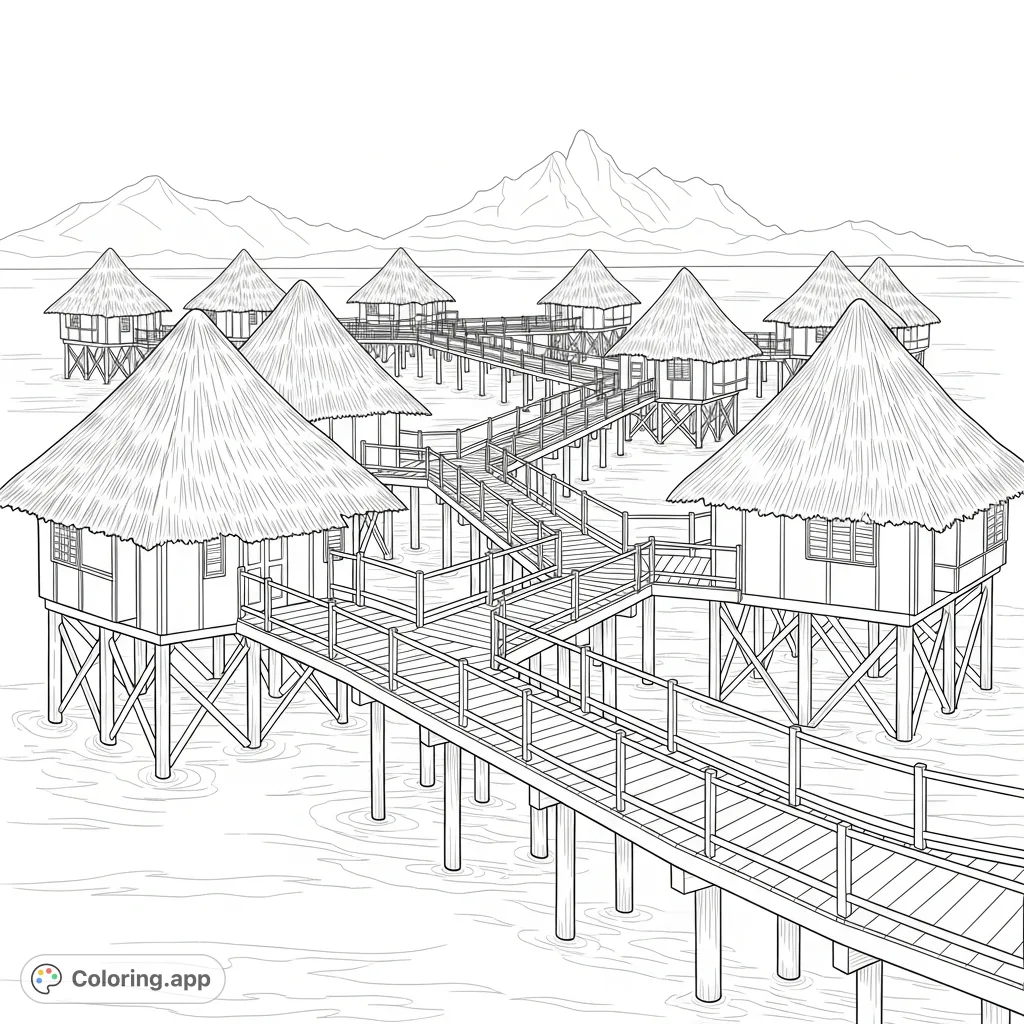A beautiful coloring page featuring overwater huts connected by charming wooden walkways, set against a backdrop of distant, majestic mountains. Perfect for relaxation.