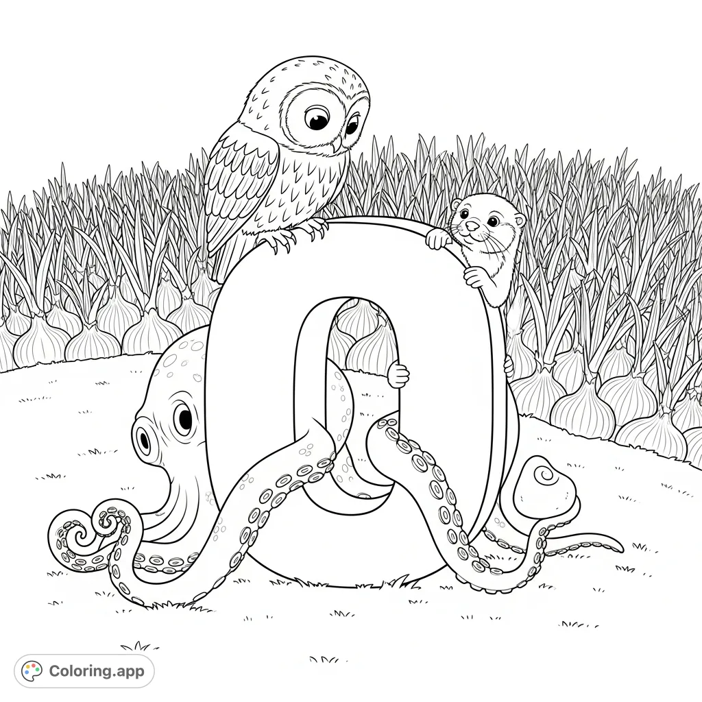 A whimsical letter O coloring page featuring an inquisitive owl, playful octopus, and peeking otter on a grassy knoll with an onion patch in the background.