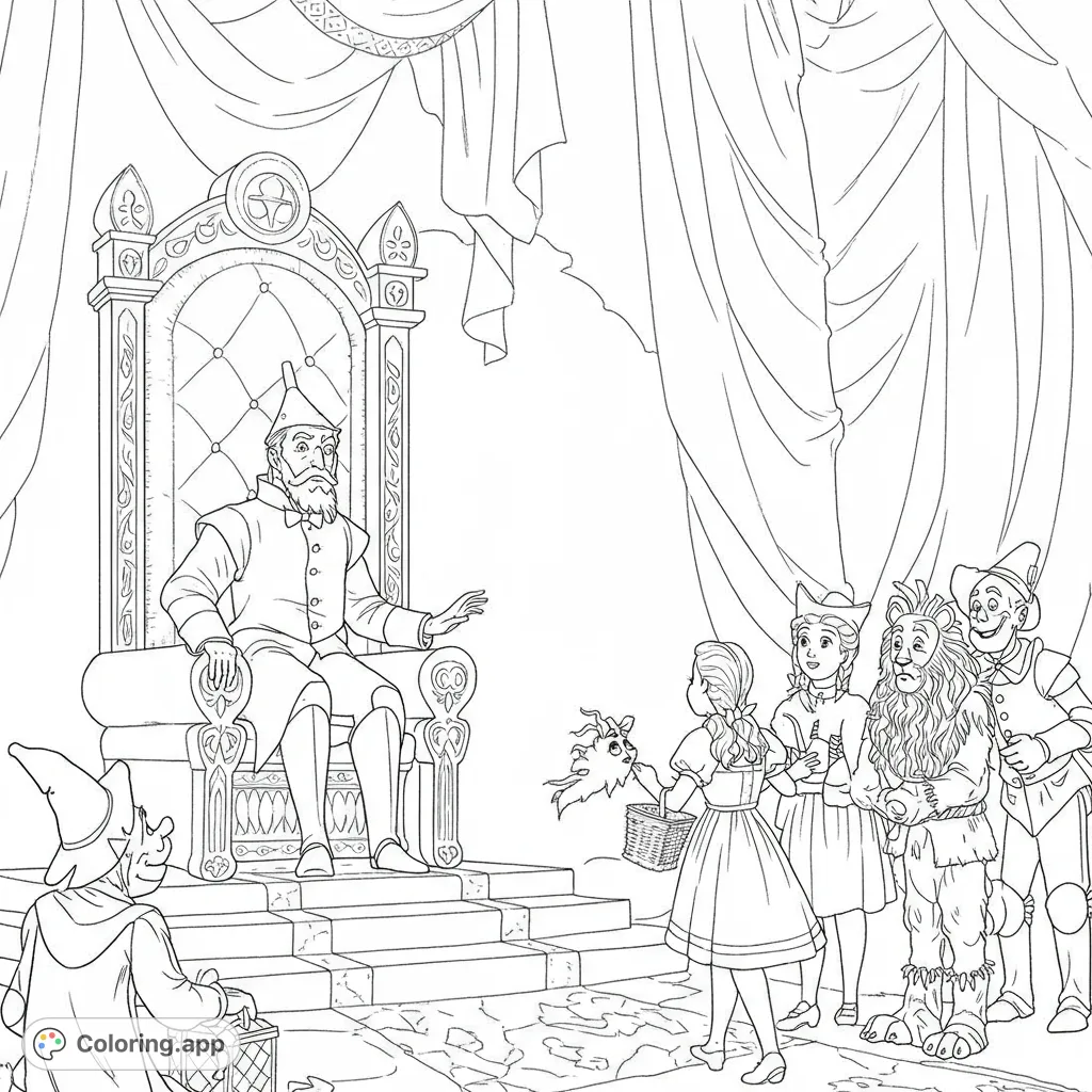 Iconic Oz scene: Dorothy, Scarecrow, Tin Man, and Lion meet the Wizard on his grand throne. A free printable Wizard of Oz coloring page for all ages.