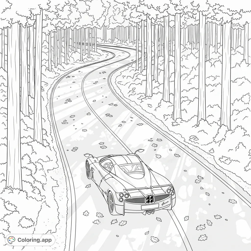 Experience the thrill of a luxury Pagani Huayra navigating a winding forest road. Detailed lines capture the car's form and the natural beauty of the dappled forest.