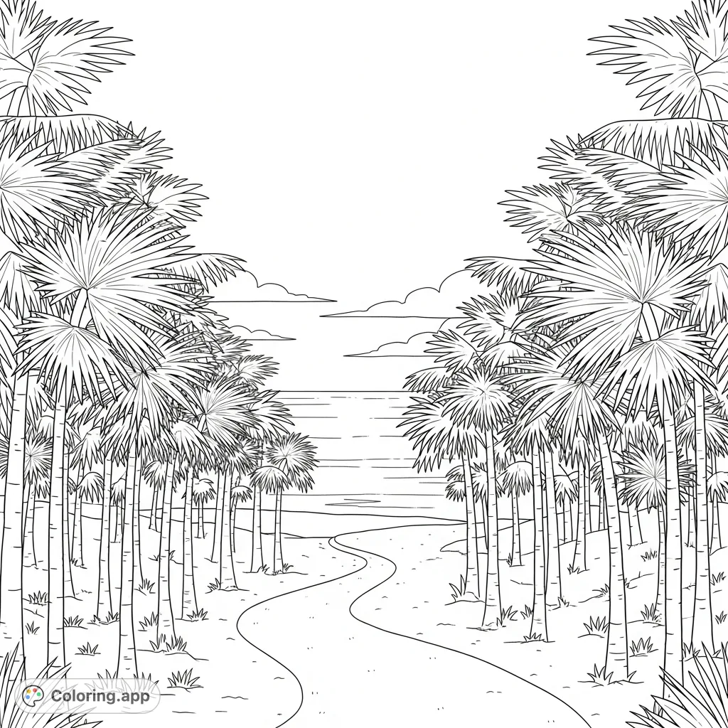 Discover a tranquil palm grove path winding towards a vast ocean, framed by simplified palm fronds and a clear sky, inviting a peaceful coloring journey.