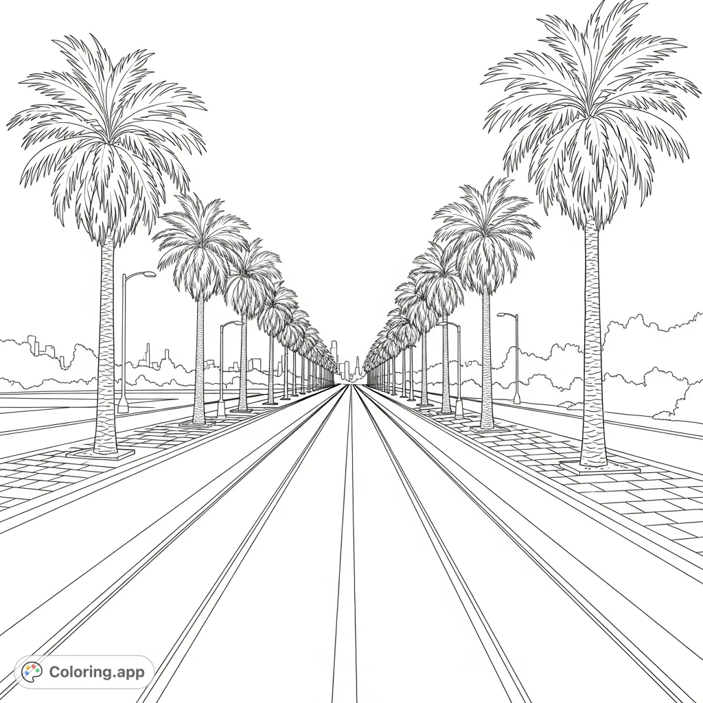 A serene street scene featuring a wide boulevard lined with stately palm trees and intricate streetcar tracks. Perfect for an urban escape.