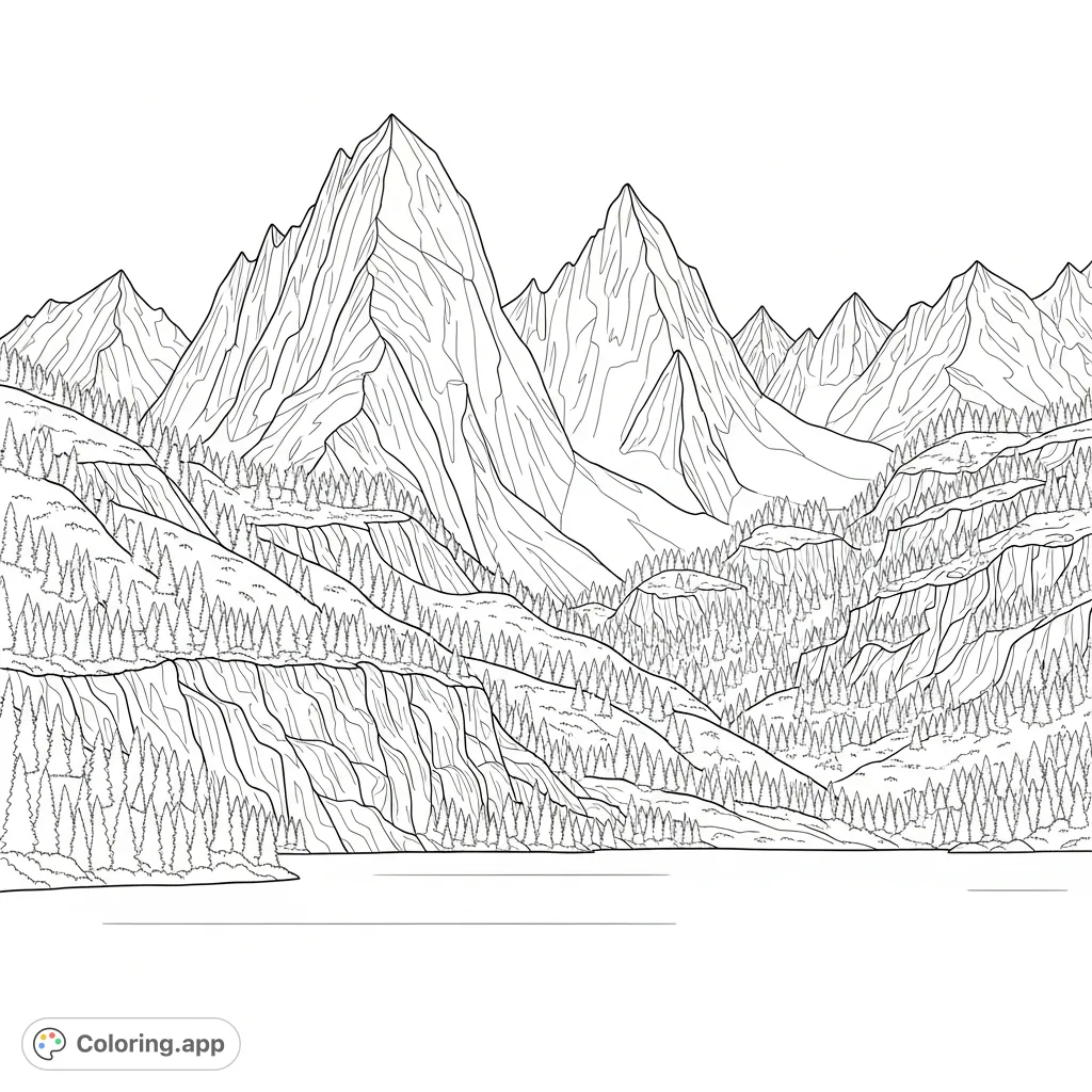 A stunning panoramic alpine scene featuring majestic peaks, dense forests, rugged cliffs, and a serene lake reflecting the natural grandeur.