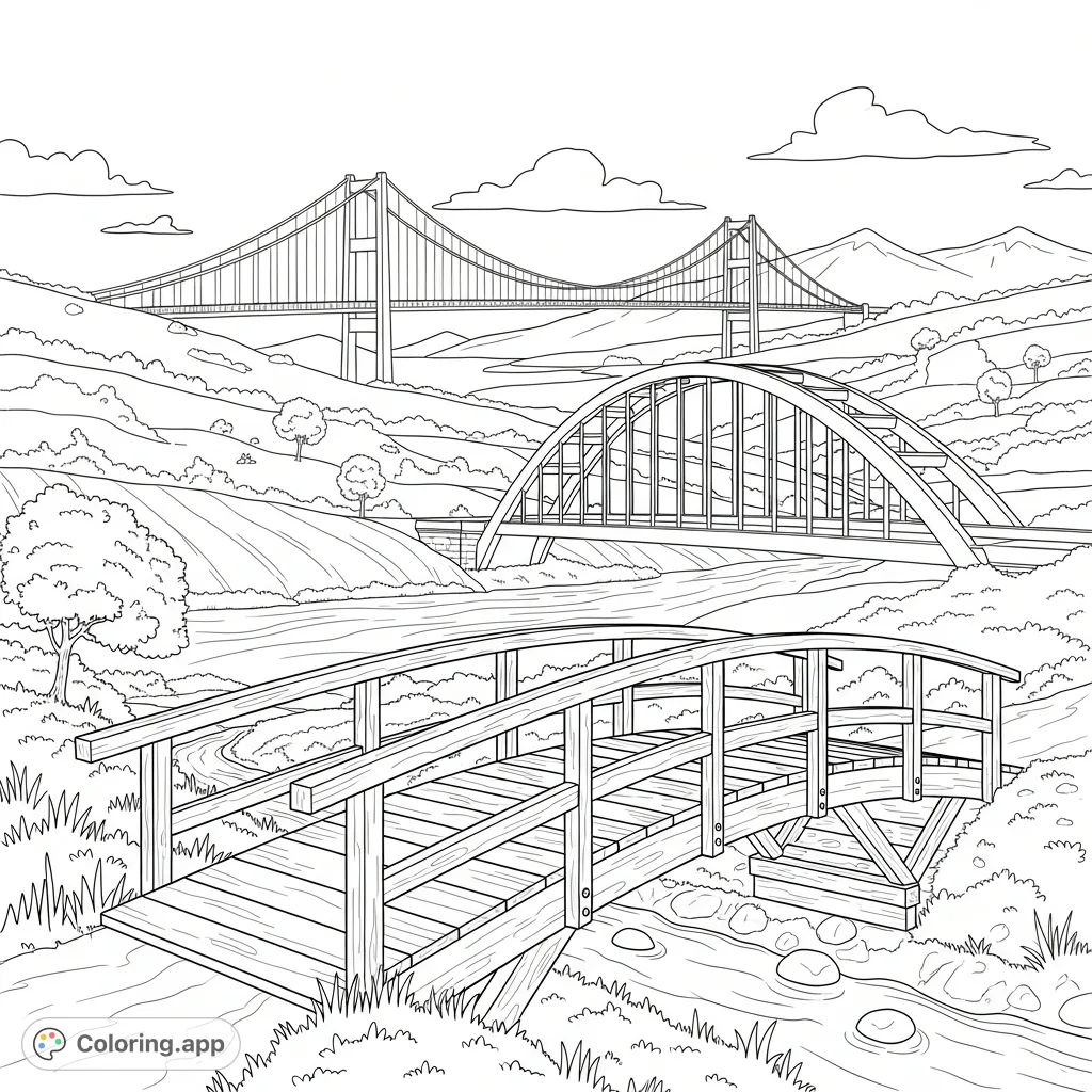 A stunning panoramic scene featuring diverse bridge types—wooden, arch, and suspension—artistically integrated into a rich, detailed landscape of hills, rivers, and mountains.
