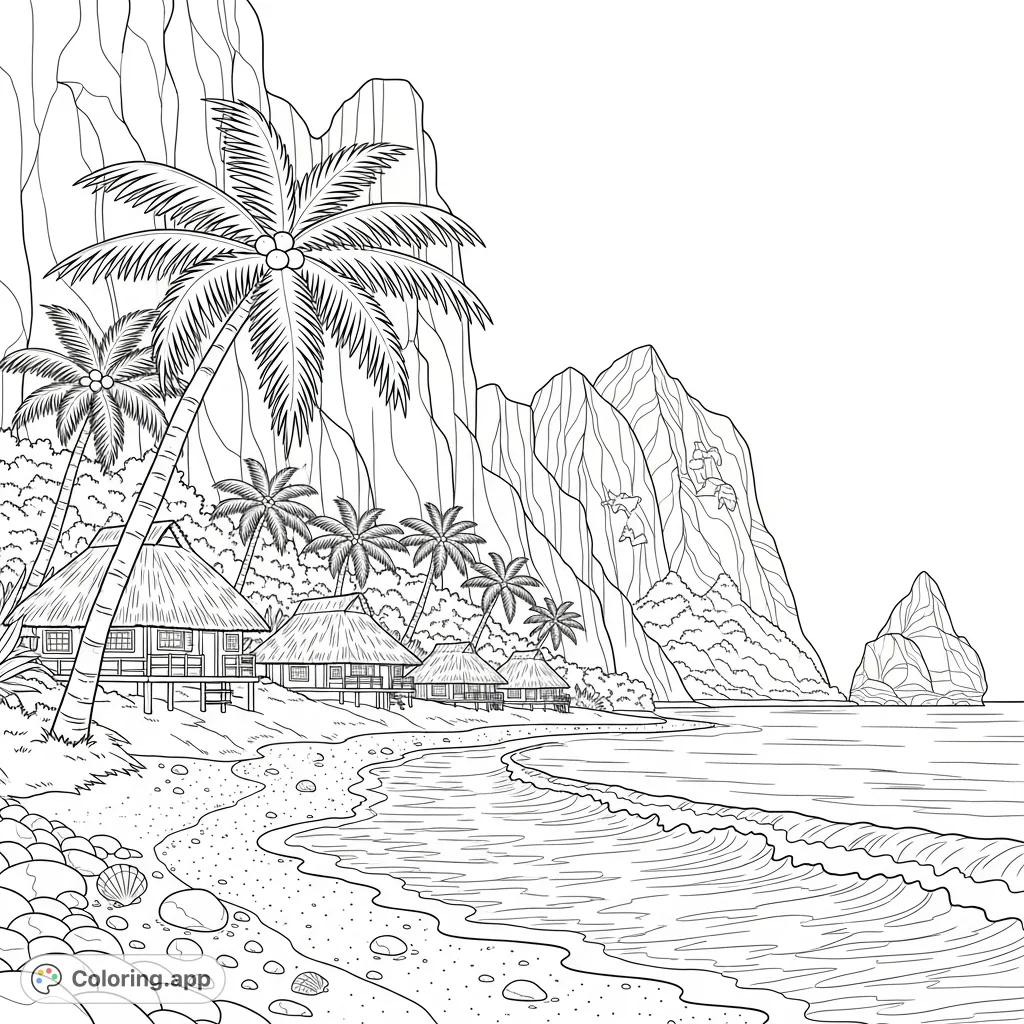 Explore a panoramic island paradise featuring ocean surf, sandy beaches, charming huts, swaying palm trees, and dramatic cliffs. A detailed tropical scene.