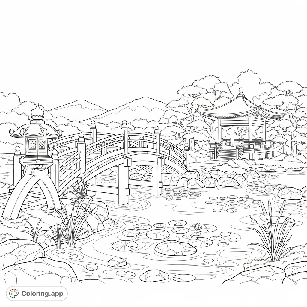 Discover tranquility in this panoramic Japanese garden coloring page, featuring a graceful bridge, serene pond, stone lantern, and elegant pavilion.