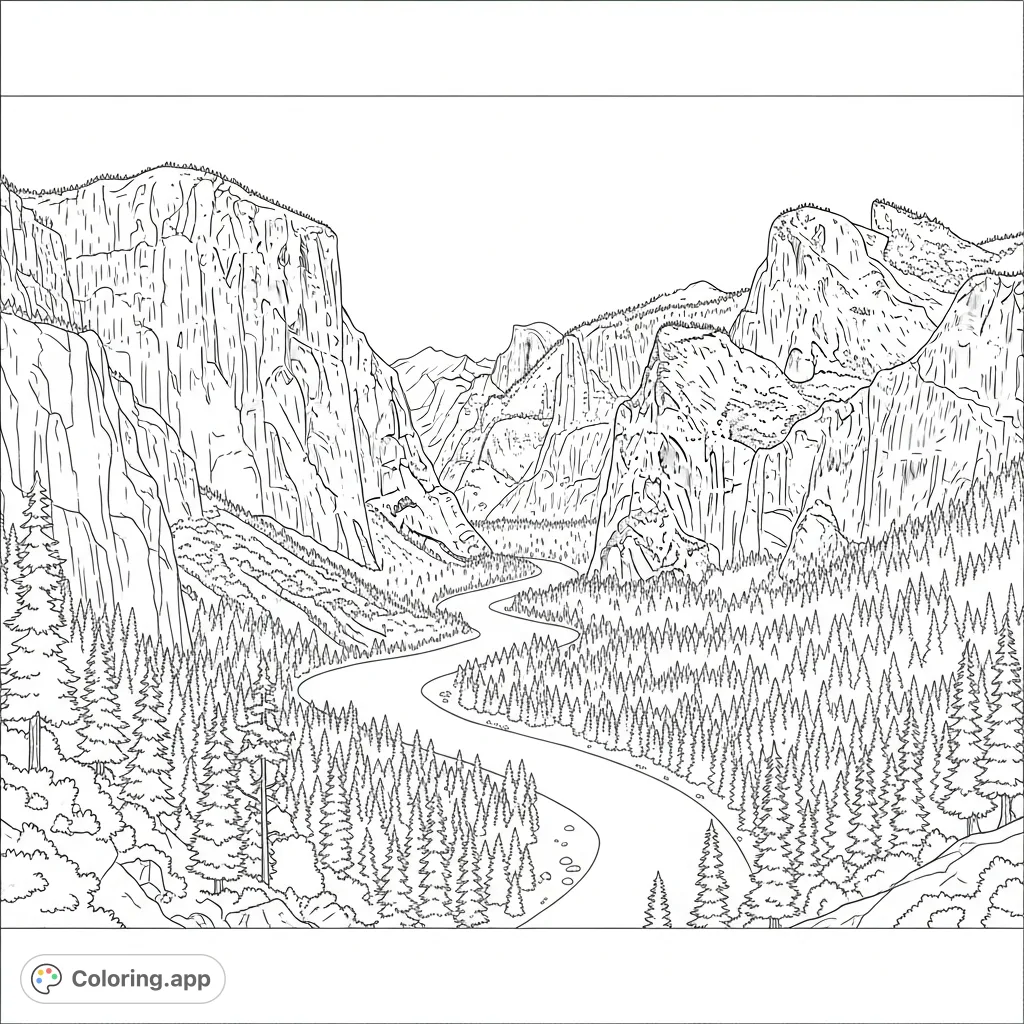A breathtaking panoramic vista of a national park, featuring majestic cliffs, a flowing river, tall trees, and distant towering peaks, inviting detailed coloring.