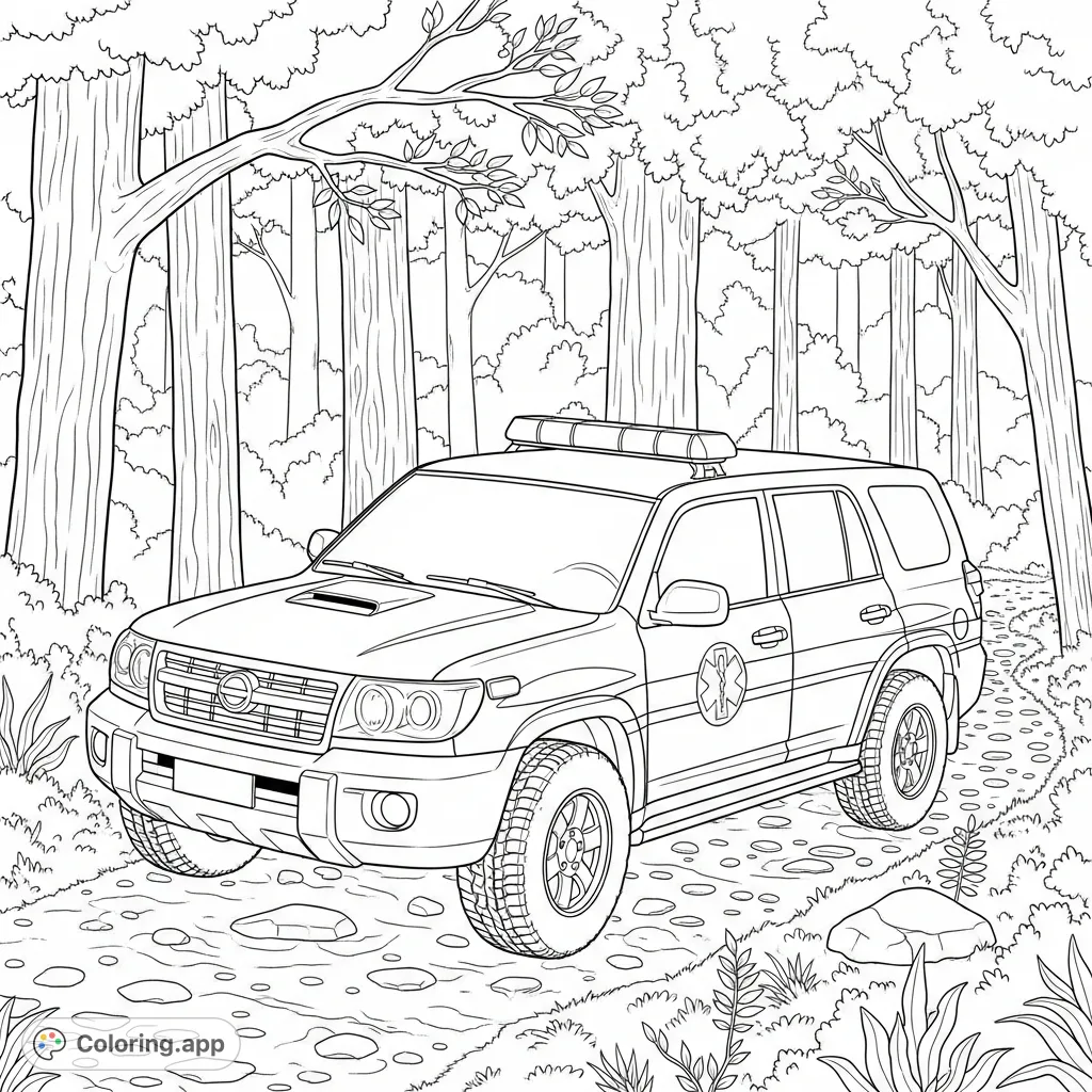 A robust paramedic SUV with roof lights is parked on a winding forest trail, surrounded by dense trees and foliage, ready for any emergency.
