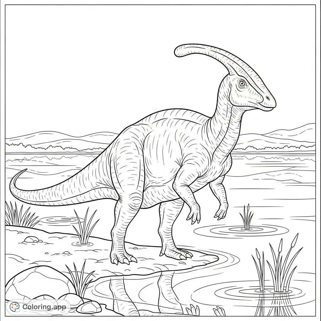 A majestic Parasaurolophus stands by a tranquil lake, its iconic crest and simplified reflections offering a captivating prehistoric scene.