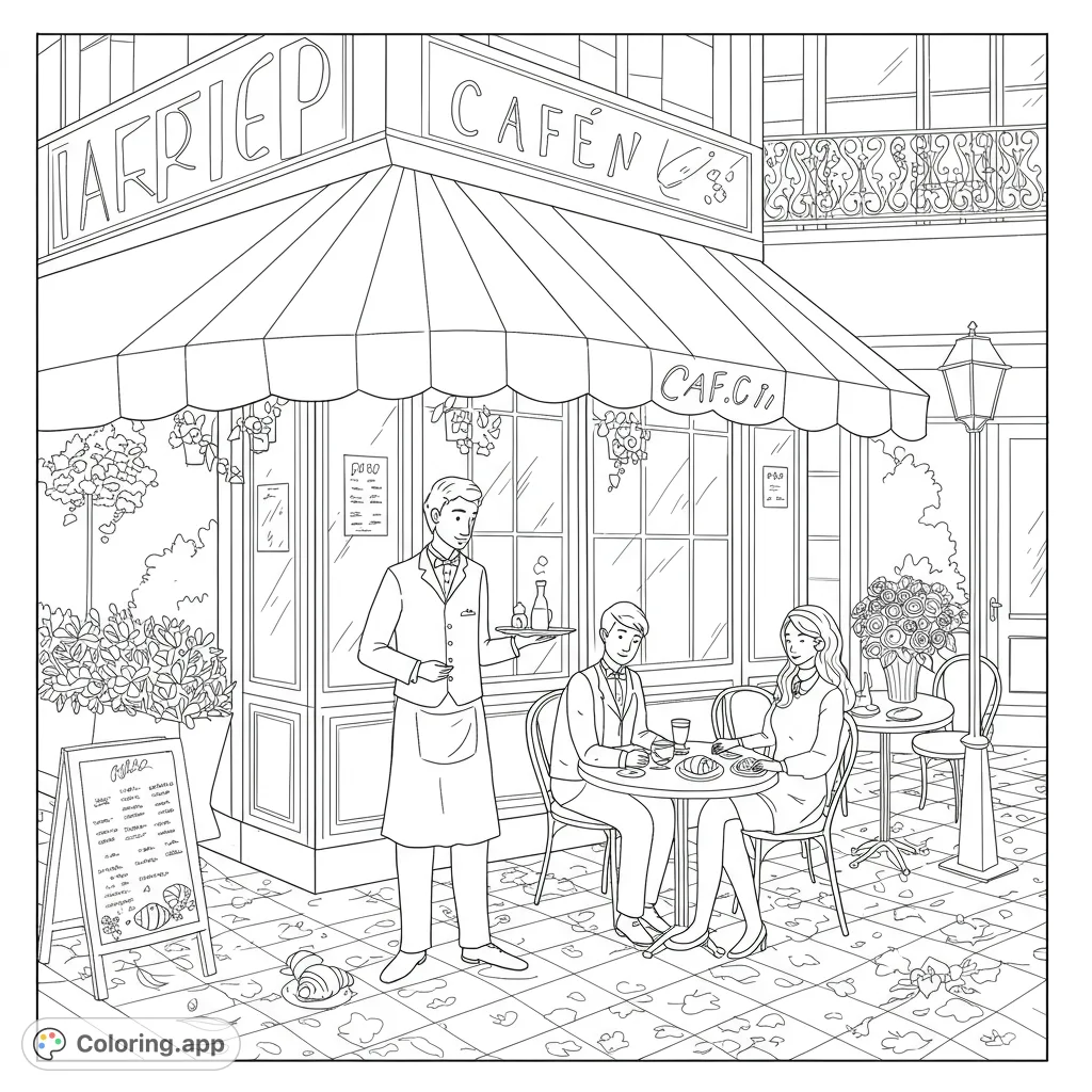 A delightful Parisian cafe coloring page featuring a waiter serving a couple enjoying coffee and croissants outdoors, perfect for a relaxing coloring experience.