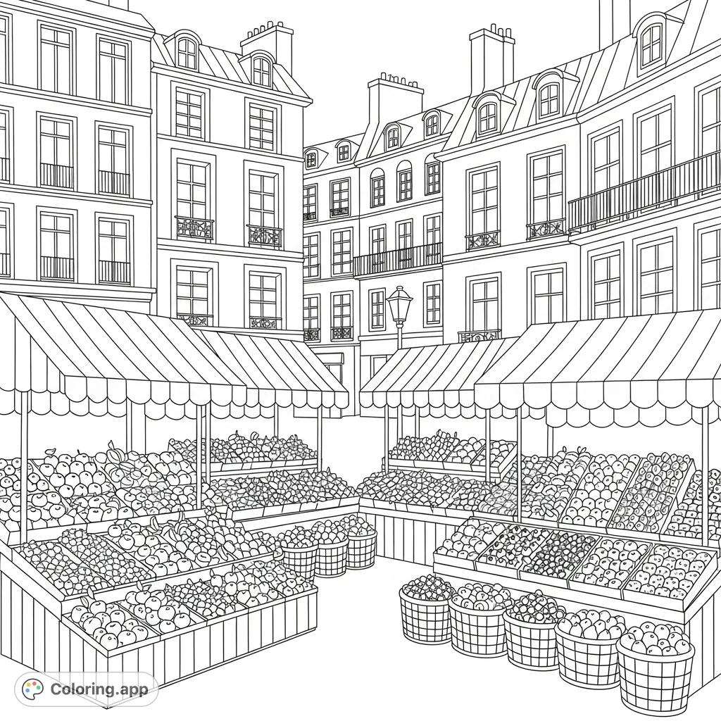 A charming Paris-inspired market scene featuring overflowing fruit stands with striped awnings and classic Parisian buildings in the background.