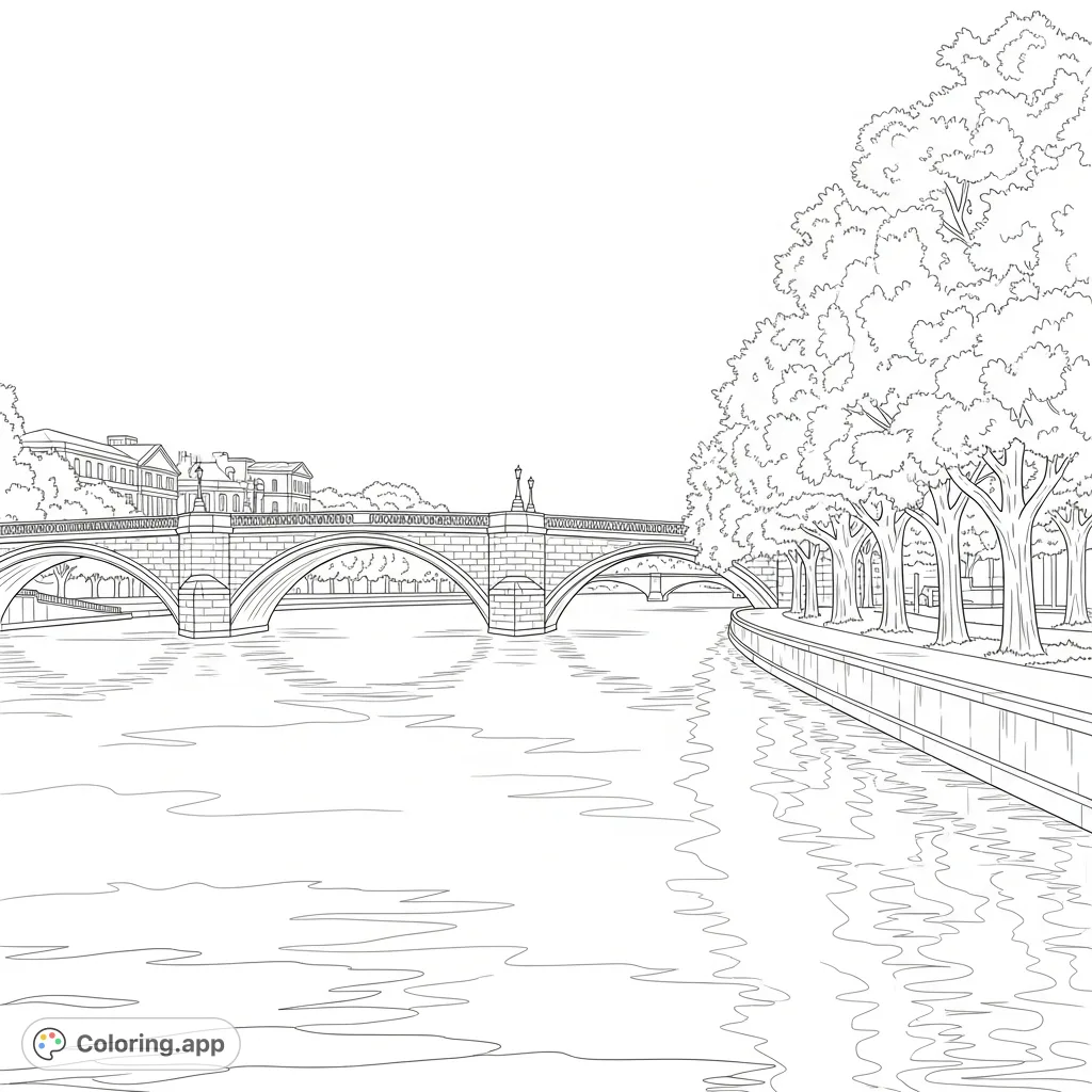 A charming Paris-inspired riverside scene featuring a grand stone bridge, gently flowing water, and tree-lined walkways with distant architectural details.