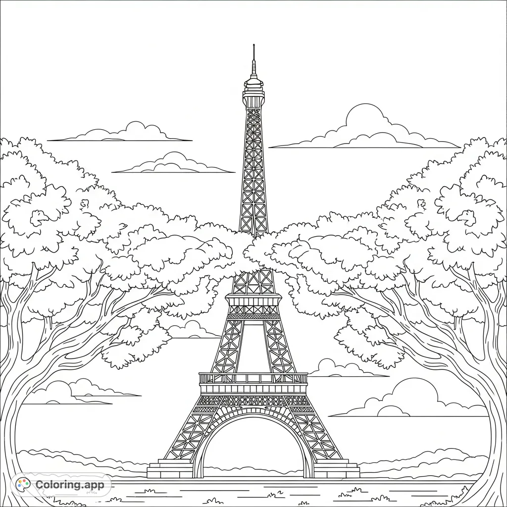 An elegant, Paris-inspired tower silhouette, framed by leafy trees and soft clouds, offers a sophisticated and serene coloring experience for all ages.