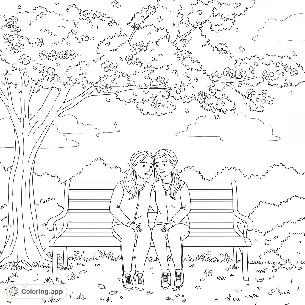 Two friends share a moment on a park bench under a blossoming tree. A heartwarming friendship coloring page, free printable for all ages.