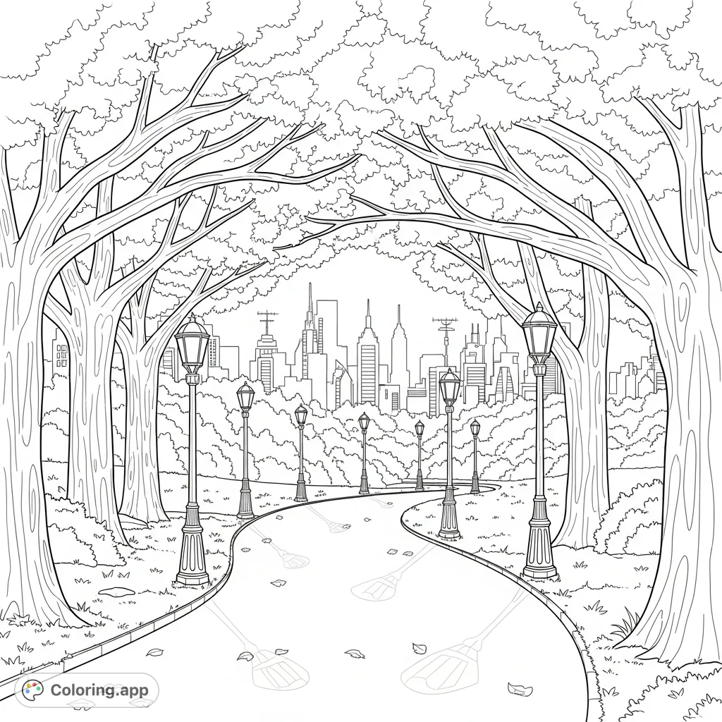 A tranquil park path lined with ornate lampposts, winding through lush, leafy trees, with a distant city skyline peeking through the verdant canopy.