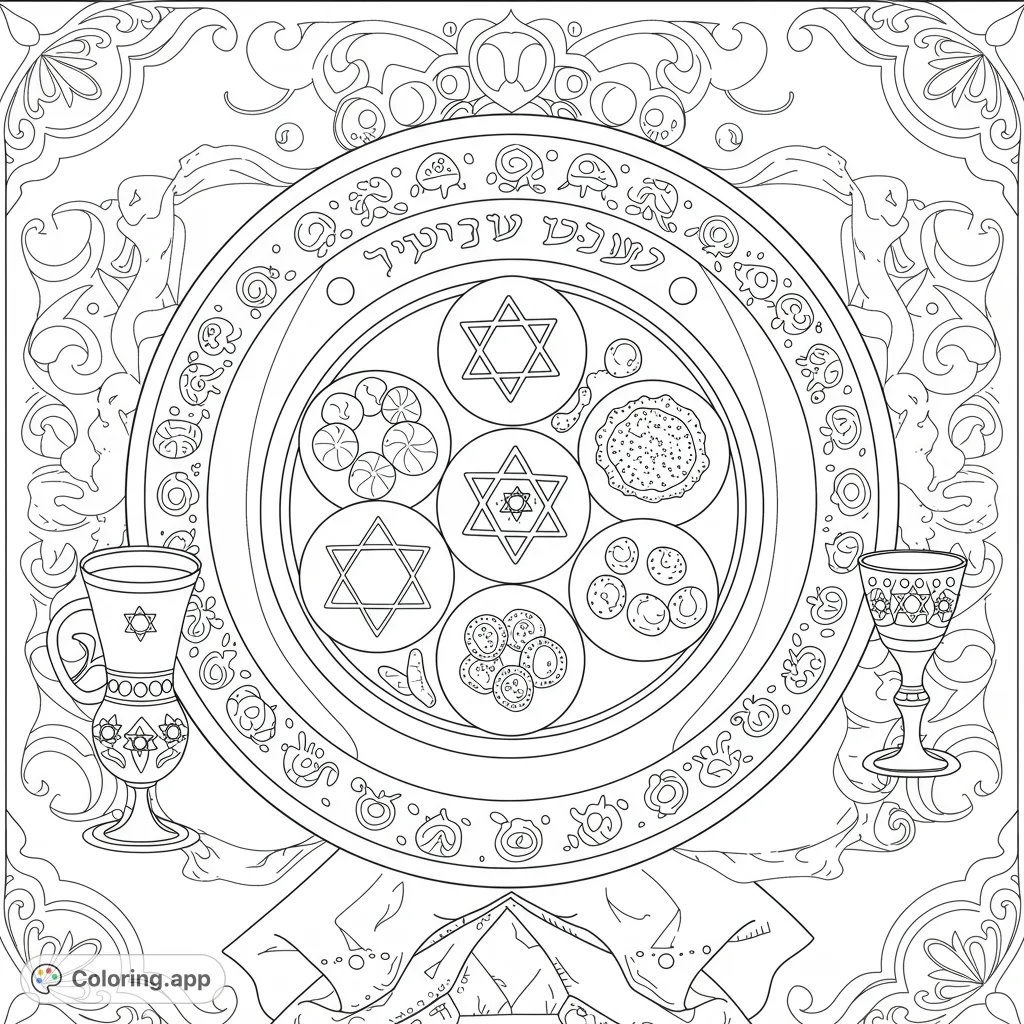An intricate Jewish holiday coloring page featuring a Seder plate with symbolic foods, Stars of David, and ornate cups, surrounded by decorative patterns.